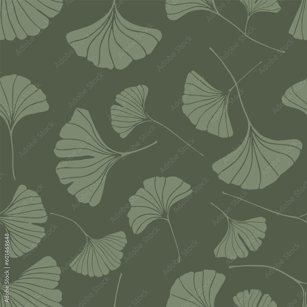 A seamless pattern of ginkgo leaves in a pastel green color