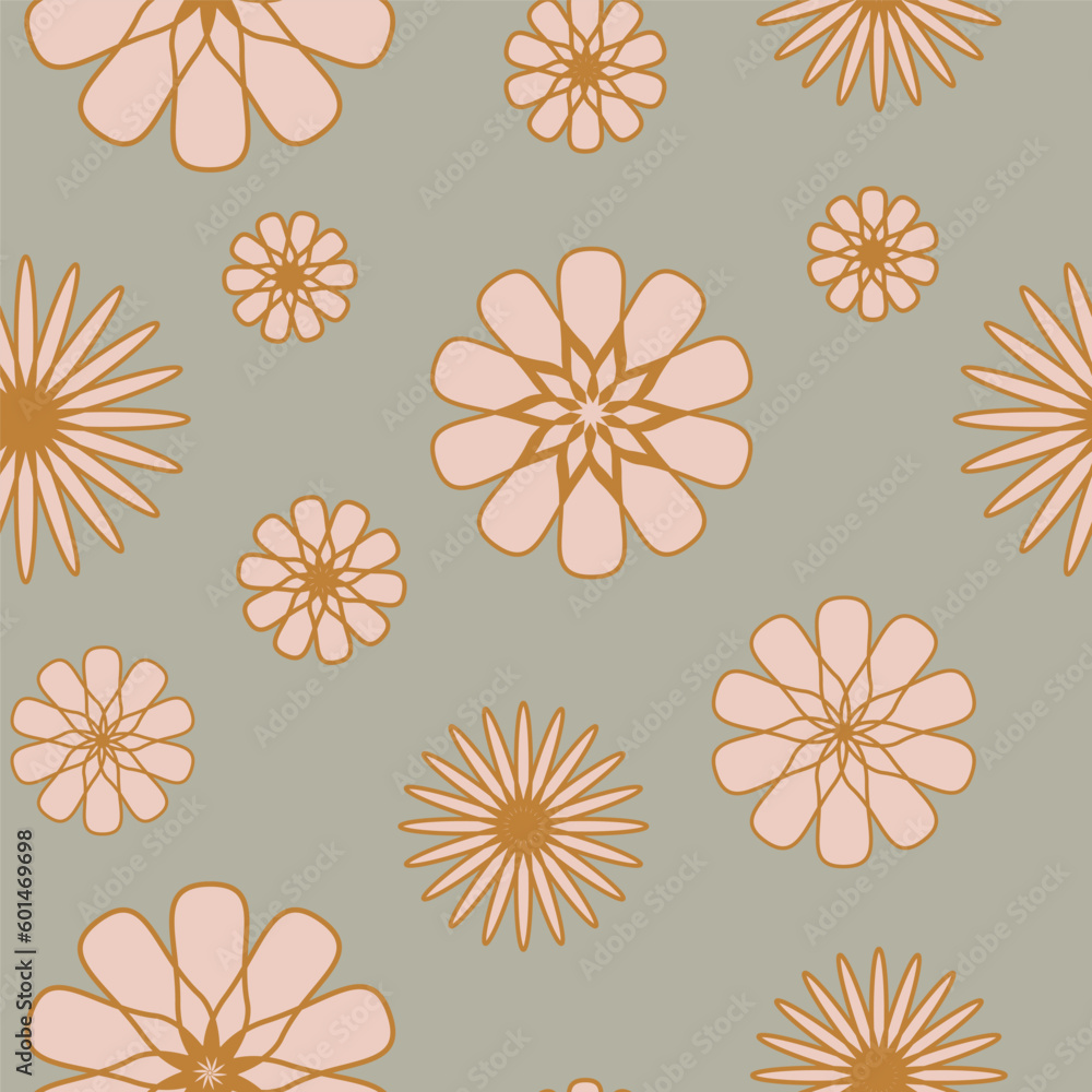 A seamless floral pattern in retro style, symmetrical daisies in pastel colors, 70s style floral wallpaper