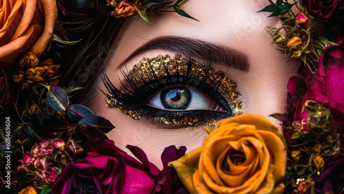 female eye with carnaval makeup in flowers, femininity beauty skin care generative ai photo