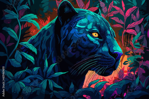 Portrait of a black panther with floral shaped shadows on his fur hiding in the jungle, contrasting neon colors, woodcarving style photo