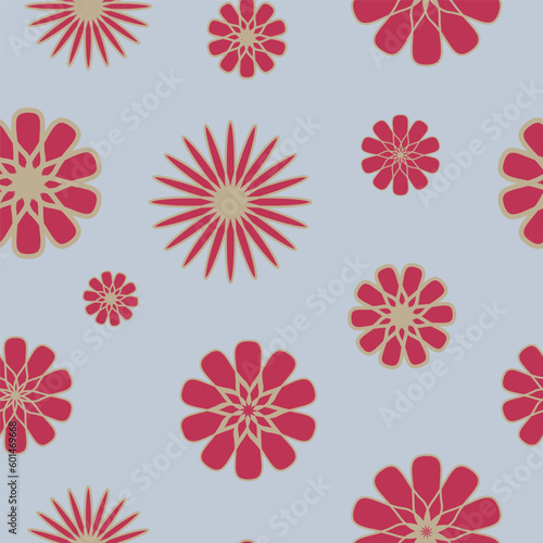 A seamless floral pattern in retro style, red daisies on a grey background, 70s style floral wallpaper © fotoolic