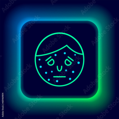 Glowing neon line Face with psoriasis or eczema icon isolated on black background. Concept of human skin response to allergen or chronic body problem. Colorful outline concept. Vector