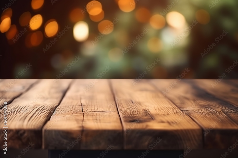 festive blurred background with bokeh and empty wooden table in the foreground -Ai