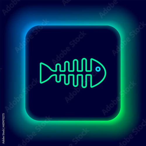 Glowing neon line Fish skeleton icon isolated on black background. Fish bone sign. Colorful outline concept. Vector