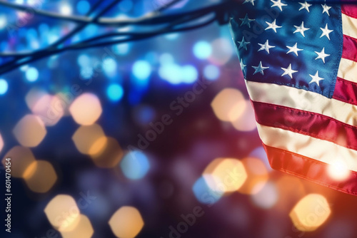 American Flag. Usa Flag waving outdoors, bokeh. 4th July - Independence day concept. High quality photo Generative AI