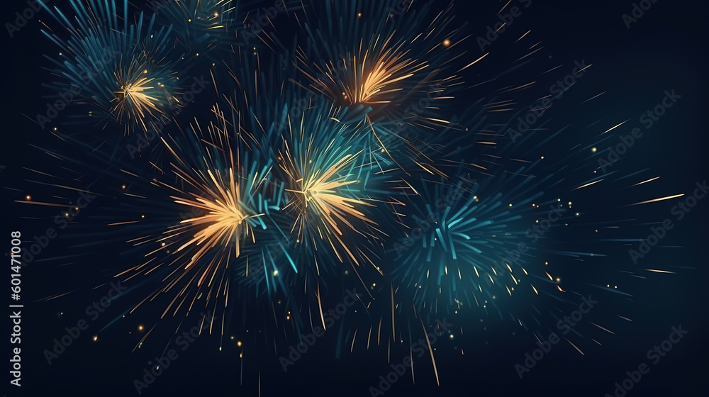 Happy New Year Abstract background with Golden fireworks. Bright on dark blue background. Generative ai