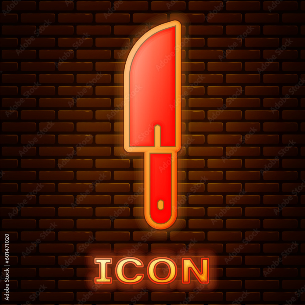 Glowing neon Knife icon isolated on brick wall background. Cutlery symbol. Vector Glowing neon Knife icon isolated on brick wall background. Cutlery symbol. Vector