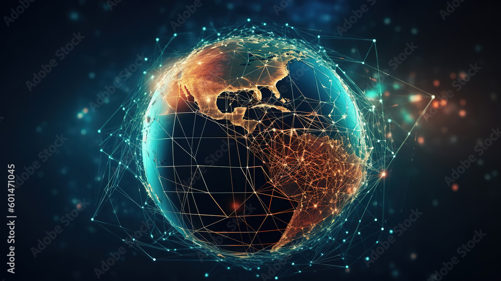 Obraz premium Global network technology icon in neon on gradient background. Generative ai