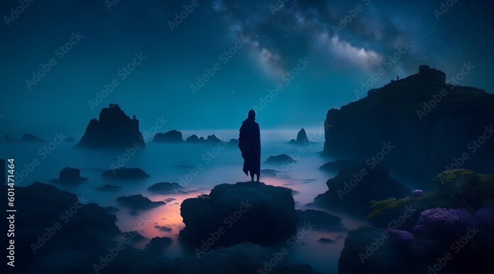 Sunrise at mountains with standing mysterious man