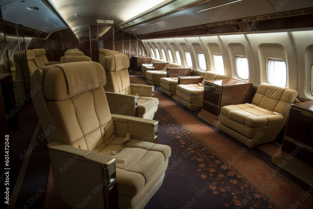 Inside view of a modern airplane cabin with spacious seating, entertainment options, and safety features Generative AI Inside view of a modern airplane cabin with spacious seating, entertainment options, and safety features Generative AI