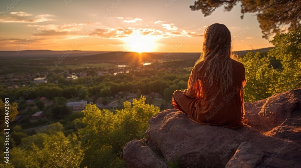 Woman meditating on a rock at the edge of a cliff overlooking a beautiful sunset. Generative AI