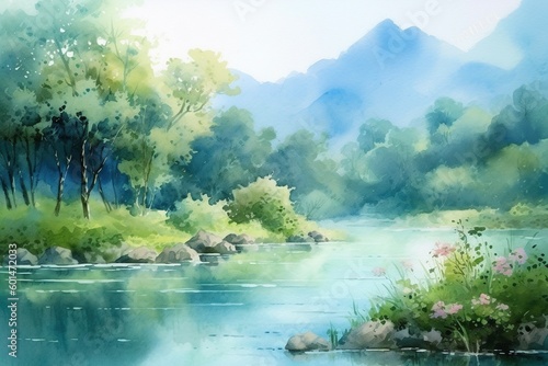 Serene Watercolor Landscape, Showcasing Lush Foliage and Tranquil Sky, Generative AI