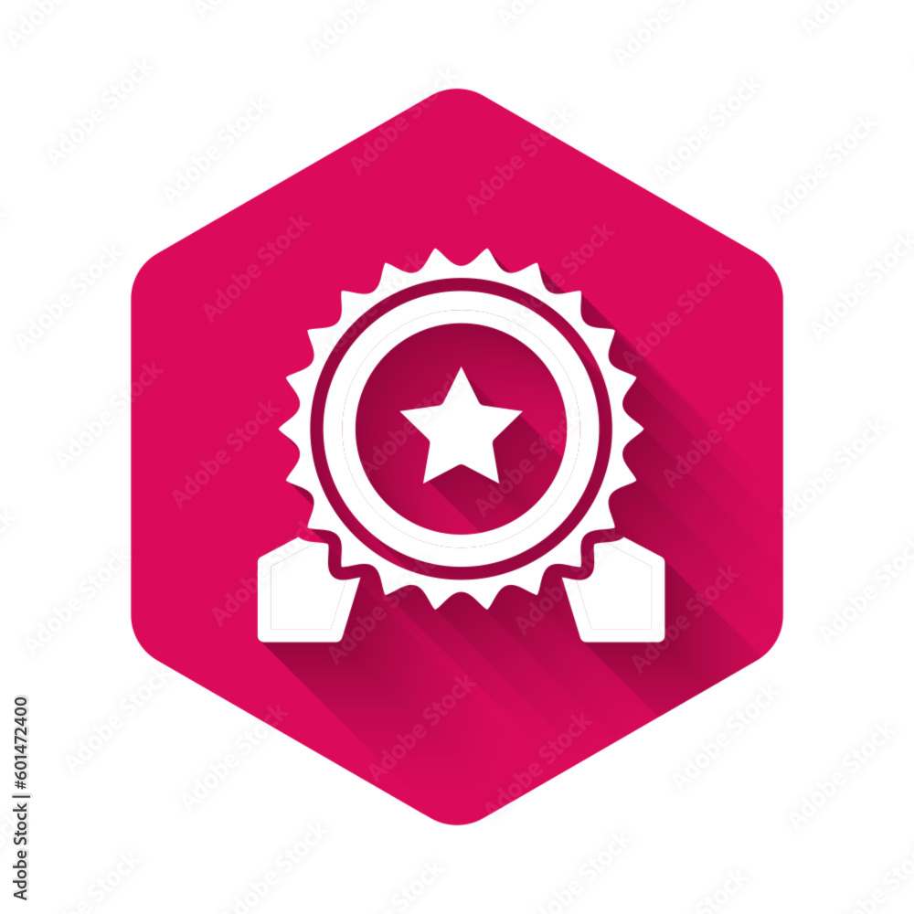 White Medal with star icon isolated with long shadow background. Winner achievement sign. Award medal. Pink hexagon button. Vector White Medal with star icon isolated with long shadow background. Winner achievement sign. Award medal. Pink hexagon button. Vector