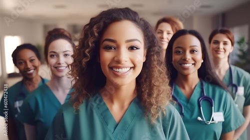 Portrait group of diverse Female nurses together, generative ai