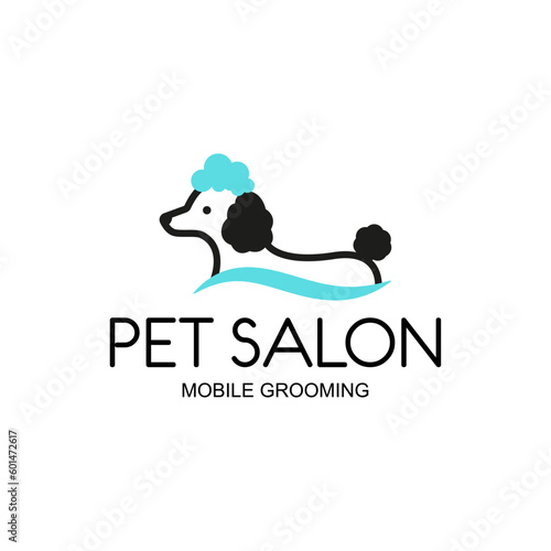 Logo for the grooming of a hairdressing salon and a pet care salon for dogs and cats, a bathing dog in the foam. Flat style. Vector illustration.