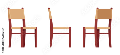 Wood dining chair, upholstered furniture set in natural brown. Fabric seat, backrest for cafe, restaurant classic modern interior. Vector flat style cartoon home, office isolated on white background