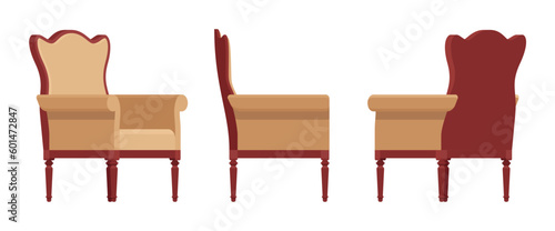 Armchair, soft wing chair, wingback furniture set in natural brown. Tea meeting, living room, bar, cafe, hotel decent decoration. Vector flat style cartoon home, office isolated, white background