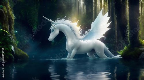 white unicorn dragon mixture in the lake