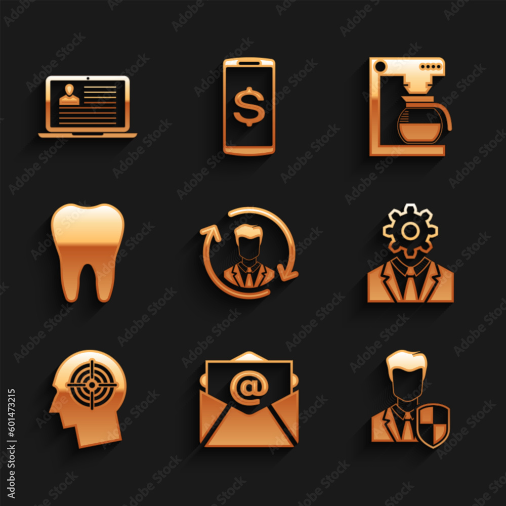 Set Human resources, Mail and e-mail, User protection, Head with gear inside, hunting concept and Tooth icon. Vector Set Human resources, Mail and e-mail, User protection, Head with gear inside, hunting concept and Tooth icon. Vector