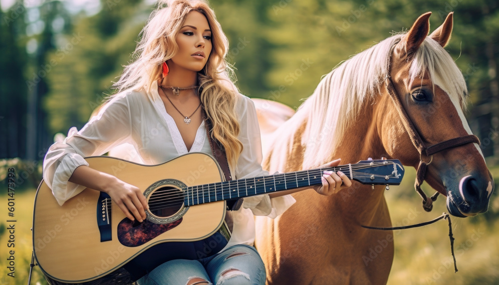 Obraz premium Female Country music performer, sing-a-song writer in USA. Generative AI illustrations