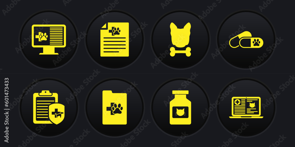 Set Clinical record pet, Dog and pills, , Cat medicine bottle, bone and Medical certificate for dog cat icon. Vector Set Clinical record pet, Dog and pills, , Cat medicine bottle, bone and Medical certificate for dog cat icon. Vector