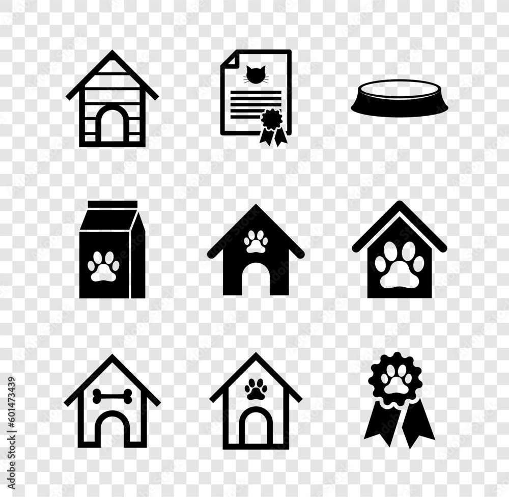 Set Dog house, Certificate for dog or cat, Pet food bowl, and bone, paw print pet and award symbol icon. Vector