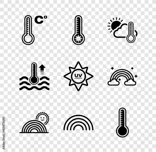 Set Meteorology thermometer, Thermometer and cloud, sun, Rainbow with, Water and UV protection icon. Vector