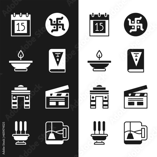 Set India constitution day, Aroma lamp, Independence, Hindu swastika, Gate Delhi, Bollywood indian cinema, Cup of tea with tea bag and Incense sticks icon. Vector
