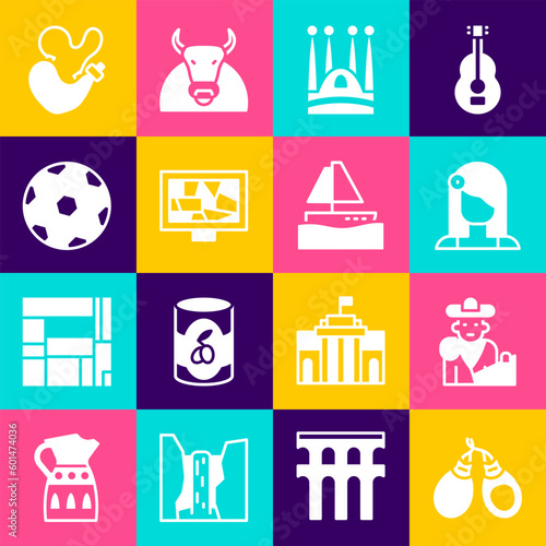 Set Castanets, Bullfight, matador, Spanish woman, Sagrada Familia, Picture art, Football ball, wineskin and Yacht sailboat icon. Vector