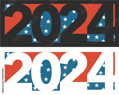 Red, white and blue with stars represent election year in the USA. The numbers of the year 2024 are seen in a colorful graphic 3-d  illustration to use for New Years or other events of 2024. photo