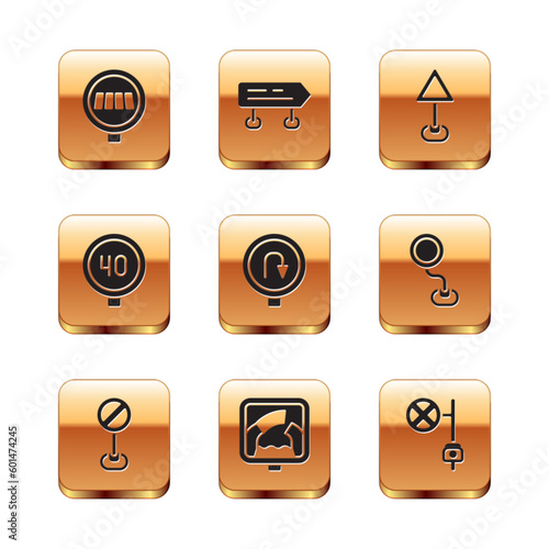 Set Pedestrian crosswalk, Stop sign, Drawbridge ahead, Turn back road, Speed limit traffic, Triangle warning blank, with camera and Road icon. Vector