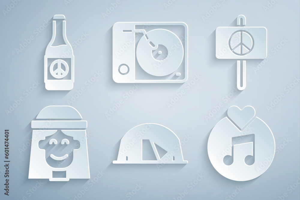 Set Tourist tent, Peace, Hippie girl, Vinyl disk, player and Beer bottle icon. Vector Set Tourist tent, Peace, Hippie girl, Vinyl disk, player and Beer bottle icon. Vector