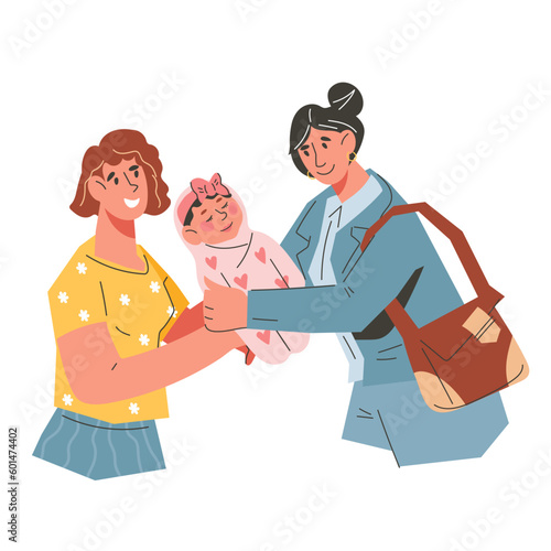 Working mom leaves her child to a nanny, flat vector illustration isolated on white background. Babysitter cares for baby.