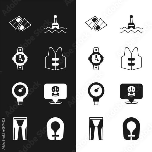 Set Life jacket, Diving watch, Flippers for swimming, Floating buoy, Gauge scale, Scallop sea shell, and Wetsuit scuba diving icon. Vector