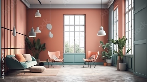 Fototapeta Naklejka Na Ścianę i Meble -  Colorful interior desing of living room memphis concept 3d render. Generative Ai