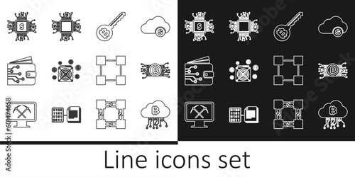 Set line Cryptocurrency cloud mining, bitcoin circuit, key, ASIC Miner, wallet, Processor chip with dollar, Blockchain technology and icon. Vector