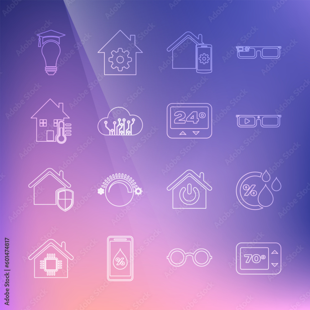 Set line Thermostat, Humidity, Smart glasses, home remote control system, Internet of things, House temperature, Light bulb and graduation cap and icon. Vector Set line Thermostat, Humidity, Smart glasses, home remote control system, Internet of things, House temperature, Light bulb and graduation cap and icon. Vector
