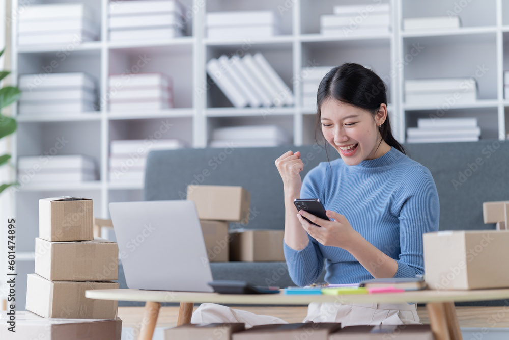 Asian business woman siting on sofa using a laptop and notebook checking order online shipping boxes at home. Starting SME Small business entrepreneur freelance. Online business, SME Work Asian business woman siting on sofa using a laptop and notebook checking order online shipping boxes at home. Starting SME Small business entrepreneur freelance. Online business, SME Work