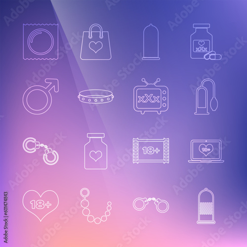 Set line Condom safe sex, Laptop with 18 plus content, Penis pump, Leather fetish collar, Male gender symbol, in package and Sex tv old television icon. Vector