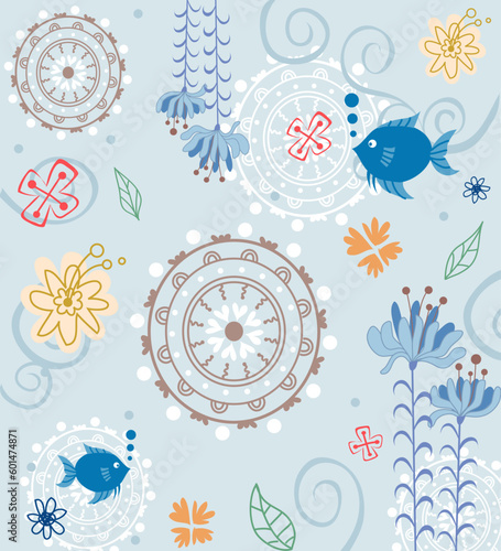 blue fish aquarium pond sea lake animal jungle floral fauna nature story book cover abstract background pattern element wallpaper vector