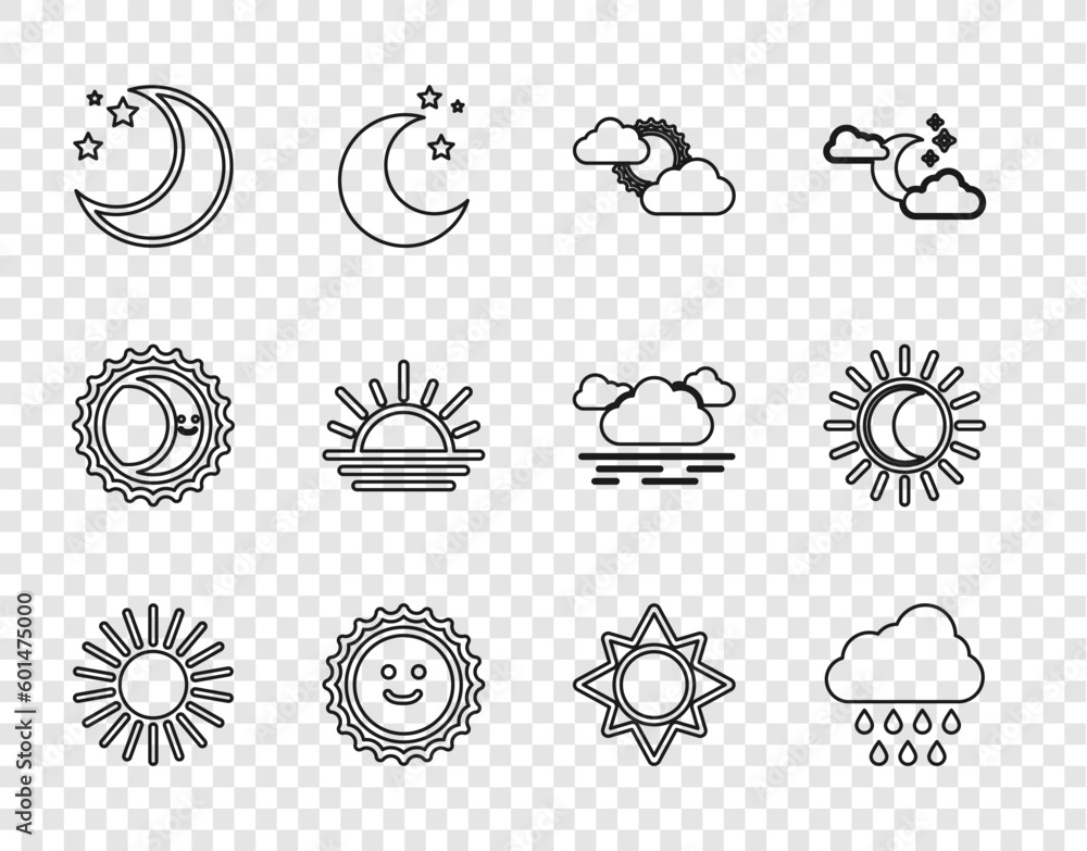 Set line Sun, Cloud with rain, and cloud weather, Moon stars, Sunset, and Eclipse of sun icon. Vector