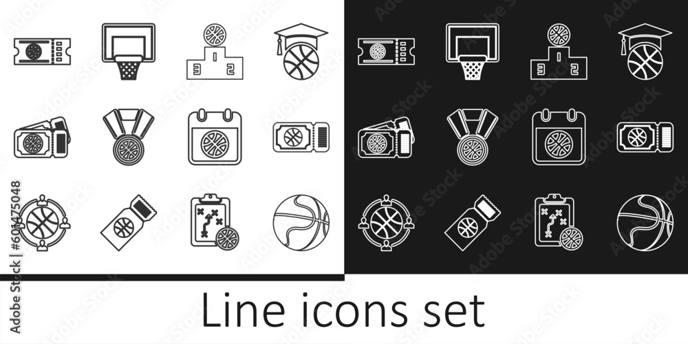 Set line Basketball ball, game ticket, Sports winner podium, medal, on sport calendar and backboard icon. Vector Set line Basketball ball, game ticket, Sports winner podium, medal, on sport calendar and backboard icon. Vector