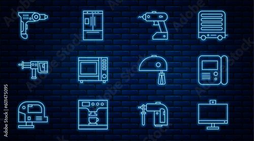 Set line Computer monitor, House intercom system, Electric cordless screwdriver, Microwave oven, Rotary hammer drill machine, mixer and Refrigerator icon. Vector