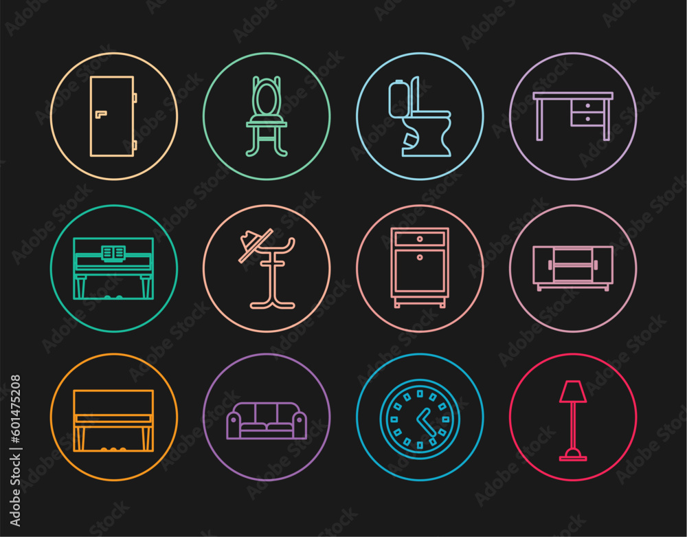 Set line Floor lamp, TV table stand, Toilet bowl, Coat, Grand piano, Closed door, Furniture nightstand and Chair icon. Vector Set line Floor lamp, TV table stand, Toilet bowl, Coat, Grand piano, Closed door, Furniture nightstand and Chair icon. Vector