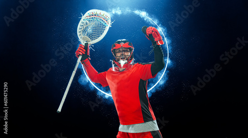 Lacrosse player match winner in neon lights. Sports athlete goal keeper. Download photo for sports betting advertisement. Website header. Sports design in red neon glow. Sport and motivation wallpaper