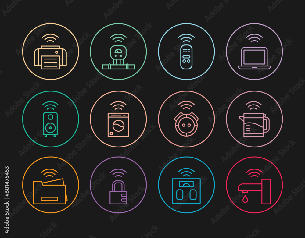 Set line Smart water tap, electric kettle, remote control, washer, stereo speaker, printer, Robot vacuum cleaner and sensor icon. Vector