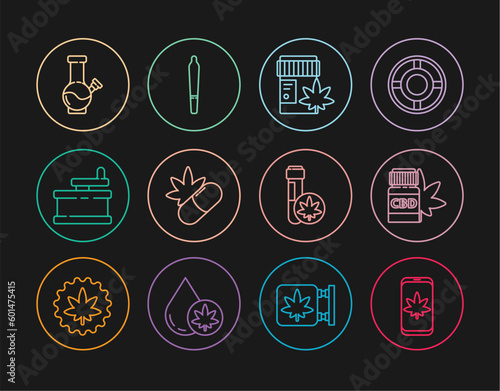 Set line Mobile and marijuana or cannabis, Medical bottle with, pills, Manual grinder, Glass bong for smoking, Chemical test tube and Marijuana joint icon. Vector