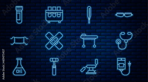 Set line IV bag, Stethoscope, Medical thermometer, Crossed bandage plaster, protective mask, Test tube with blood, Stretcher and flask icon. Vector