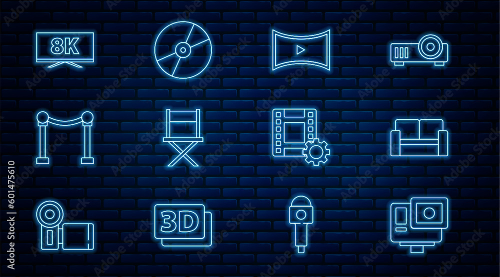 Fototapeta premium Set line Action extreme camera, Cinema chair, Online play video, Director movie, Rope barrier, Screen tv with 8k, Play Video and CD DVD disk icon. Vector