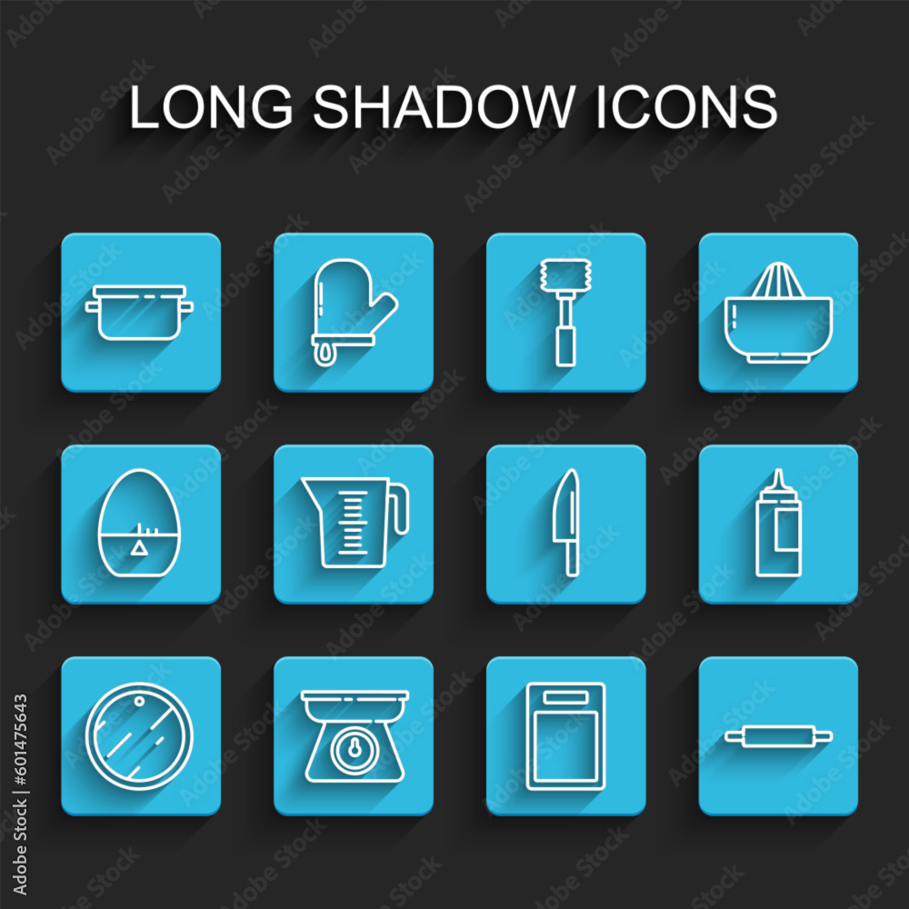 Set line Cutting board, Scales, Cooking pot, Rolling pin, Measuring cup, Sauce bottle and Knife icon. Vector Set line Cutting board, Scales, Cooking pot, Rolling pin, Measuring cup, Sauce bottle and Knife icon. Vector